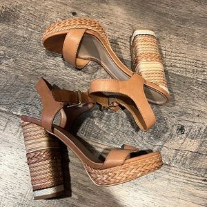 Aldo Natural Basket Weave & Rope Chunk High Heels in Tan & Cream